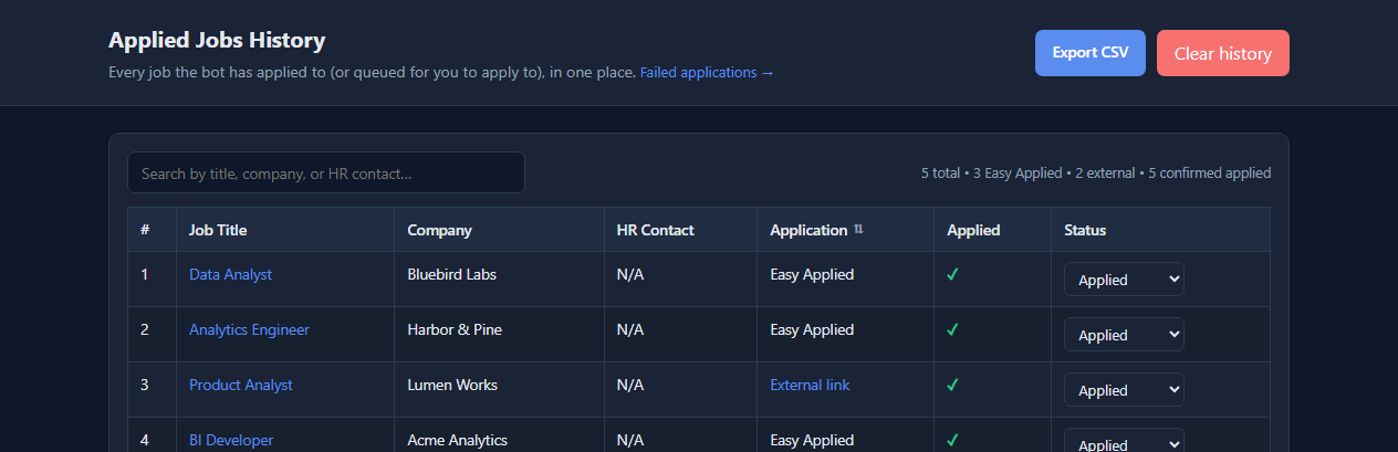 The Applied Jobs History page: a table of jobs with company, whether it was Easy Applied or an external link, and a status.
