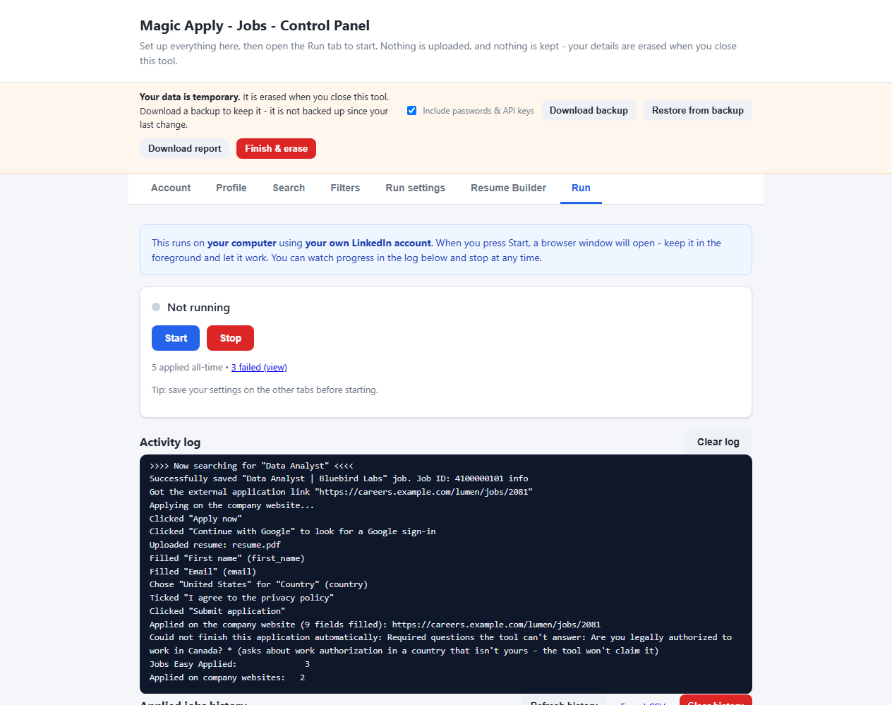 The Magic Apply - Jobs control panel on the Run tab: a Start button and an activity log showing a job applied for on a company website, with Google sign-in and form fields filled in.
