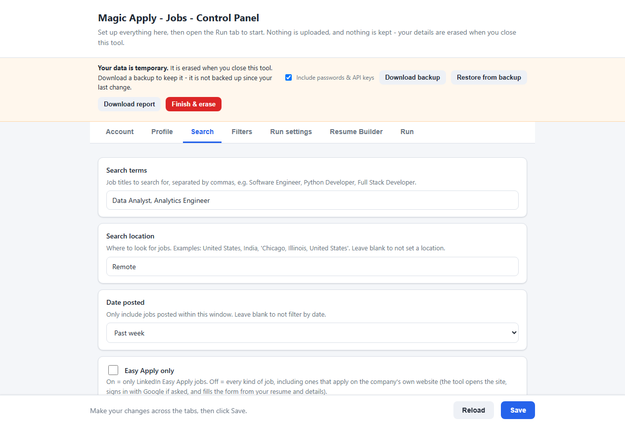 The Search tab of the control panel with job titles, a location, a date filter and an Easy Apply only switch.