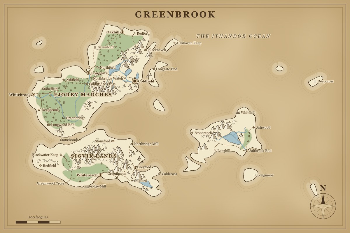 A generated island archipelago map with several irregular islands, shallows around each coast, and named settlements.