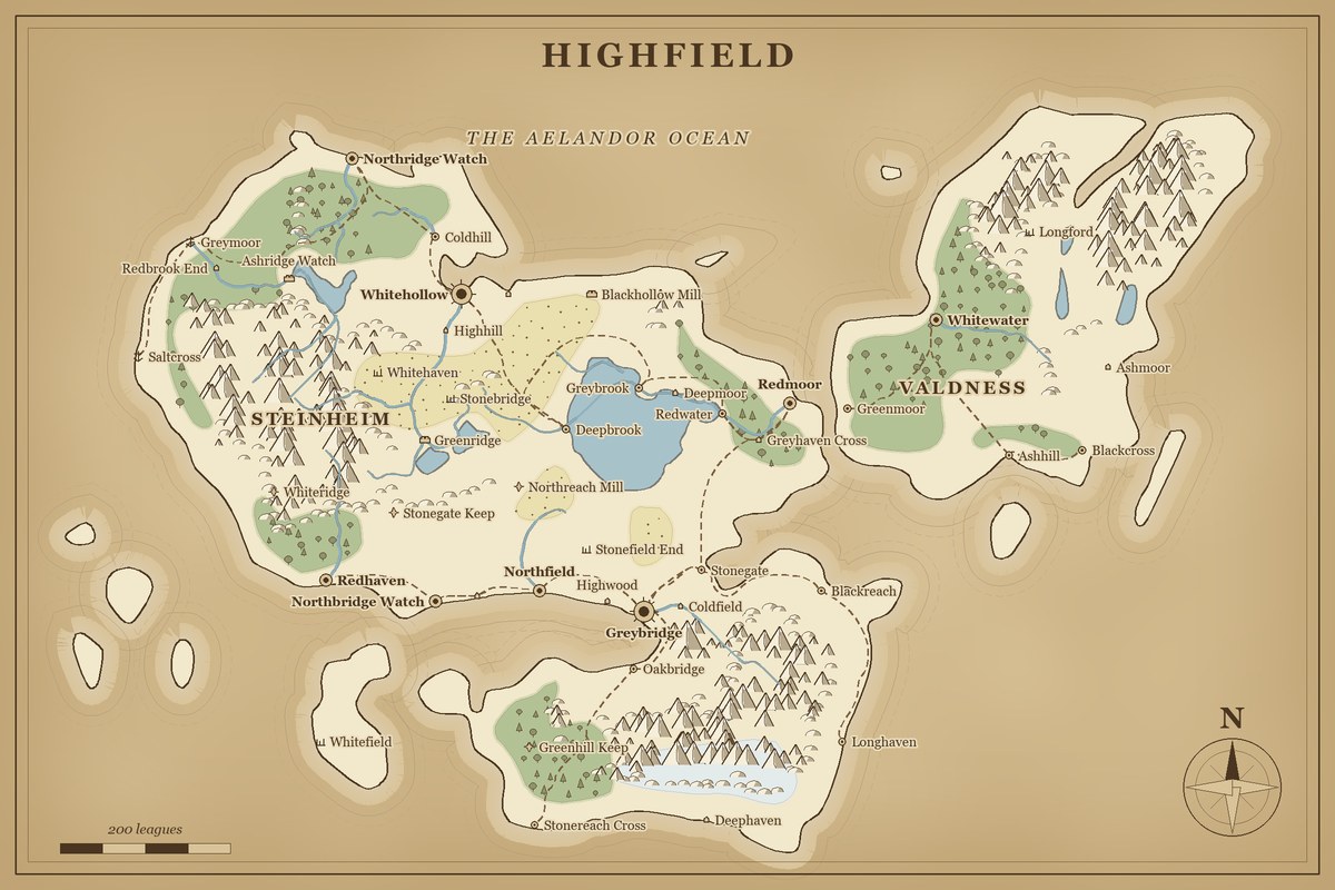 A generated fantasy map called Highfield: two large landmasses with mountain ranges, forests, rivers, roads and named towns on aged parchment.