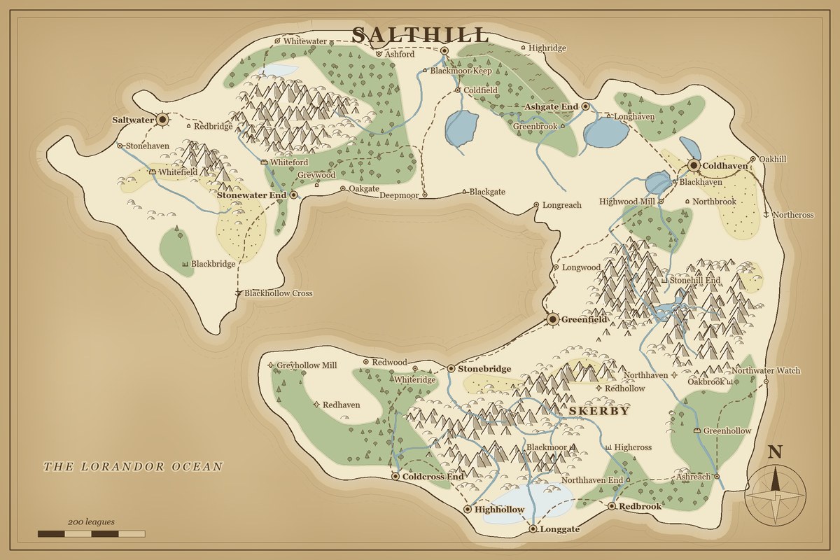 A generated fantasy map of land wrapped around a large inland sea, with forests, mountains, rivers and cities.