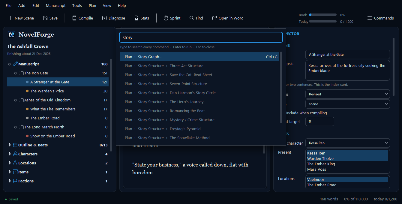 The command palette open over the main window, filtering every menu command as you type.