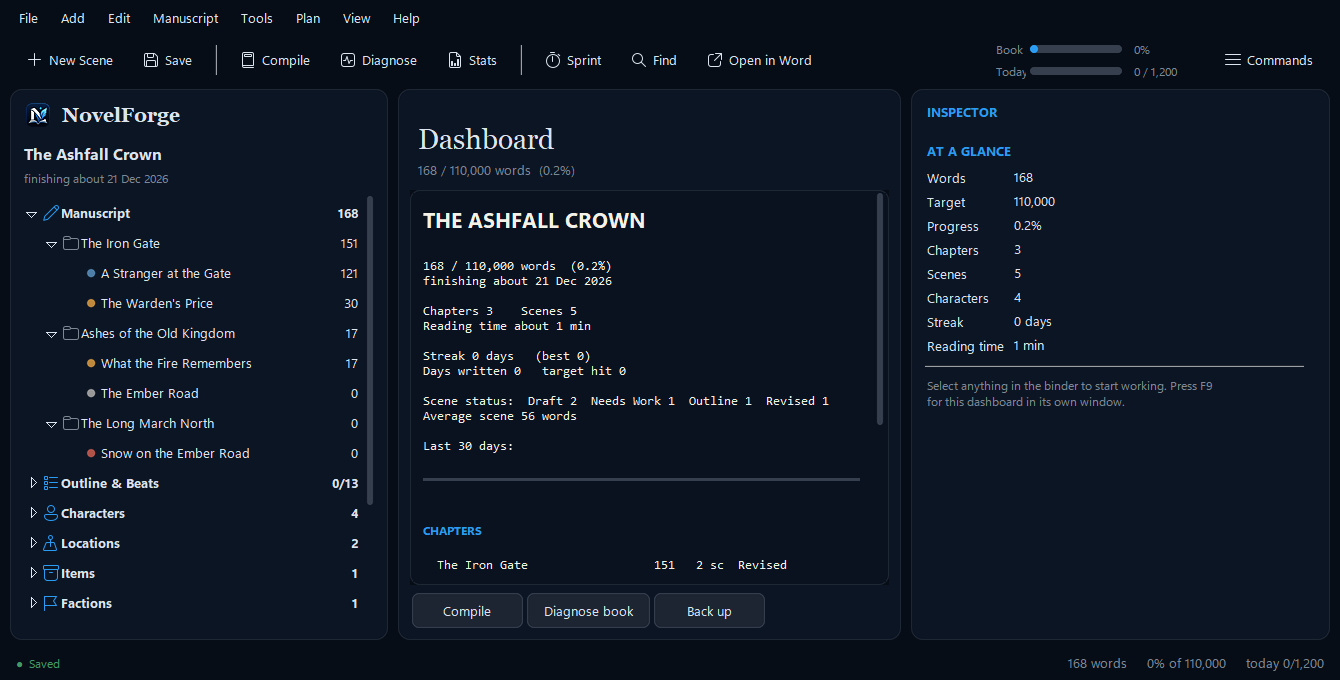 The statistics dashboard: progress against the word target, streak, pace and projected finish date.