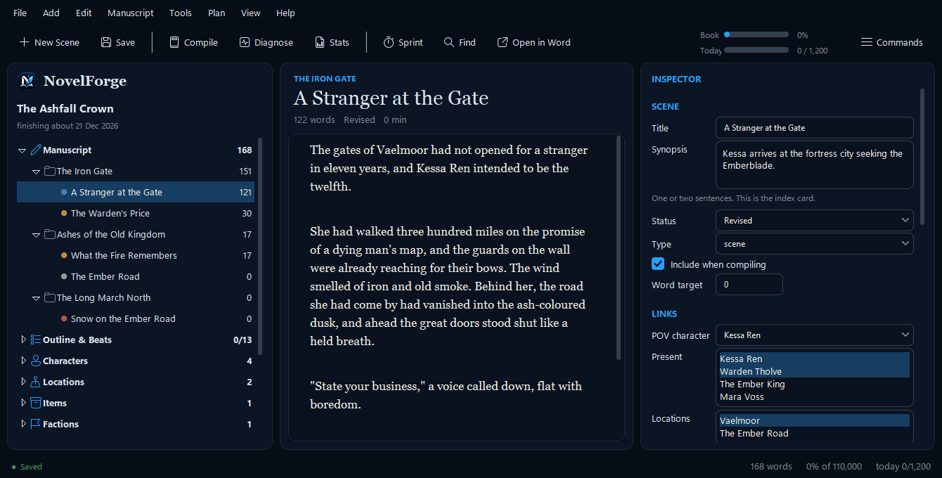 NovelForge's main writing window: a binder of chapters and scenes on the left, the scene editor in the middle, and a scene inspector with goal, conflict and disaster fields on the right.