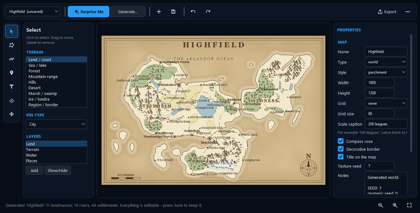 The map maker: a tool rail, terrain and layer palettes, a generated fantasy world with mountain ranges, forests, rivers, roads and named towns, and a properties panel.